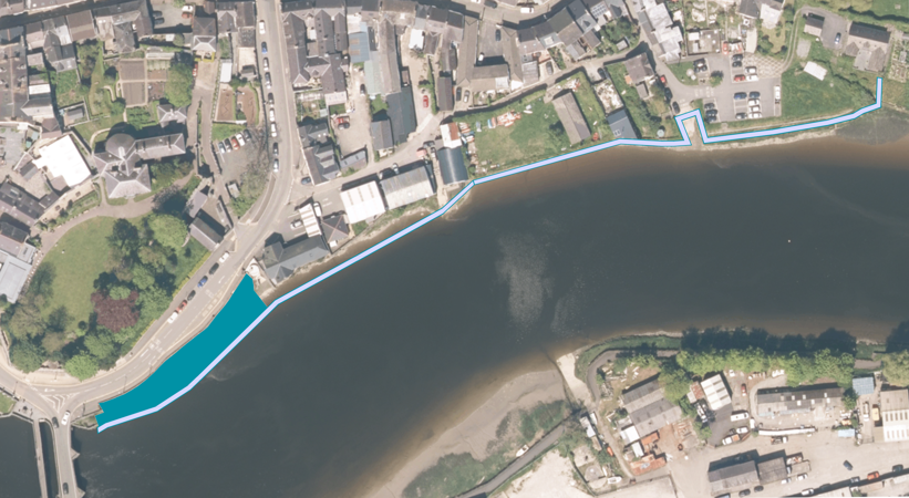 Map yn dangos lleoliad dangosol y wal lifogydd arfaethedig yn Aberteifi Map yn dangos lleoliad dangosol y wal lifogydd arfaethedig yn Aberteifi